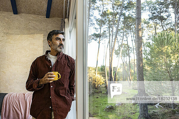 Mature man at home looking out of window