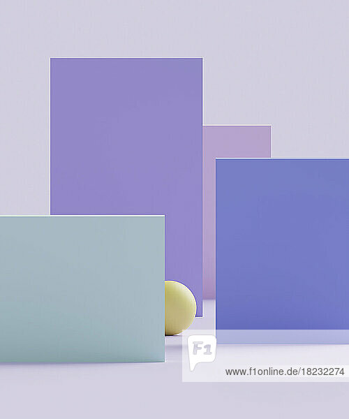 Three dimensional render of sphere and pastel colored rectangles