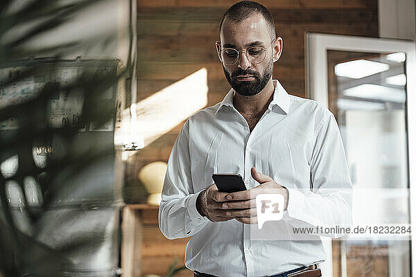 Businessman using smart phone in office