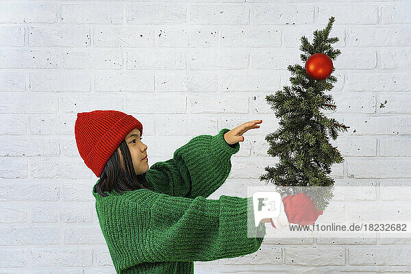 Nettes Mädchen hält Weihnachtsbaum vor weißer Backsteinmauer