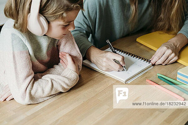 Hand einer Frau  die zu Hause von einem Mädchen auf ein Notizbuch schreibt