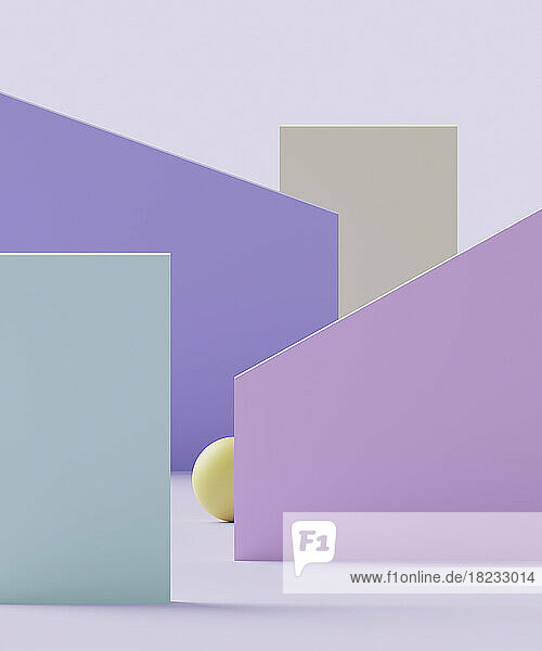 Three dimensional render of sphere and pastel colored geometric shapes