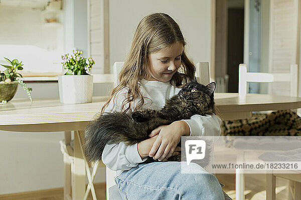 Mädchen hält eine Katze zu Hause