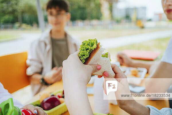 Student holding sandwich sitting at table in schoolyard