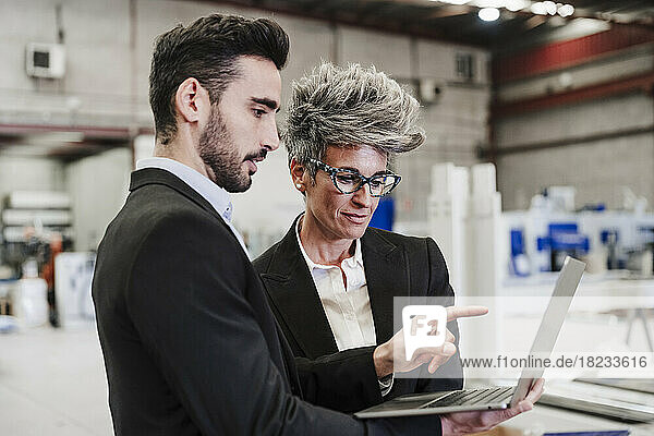 Smiling mature businessman discussing with colleague over laptop in industry