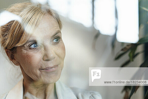Mature businesswoman with blond hair seen through glass