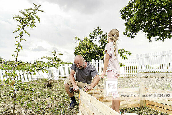 Father making raised bed crouching in back yard with daughter
