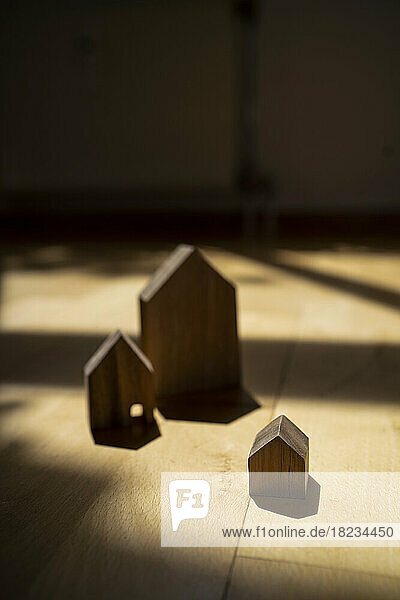 Wooden house models on hardwood floor at home