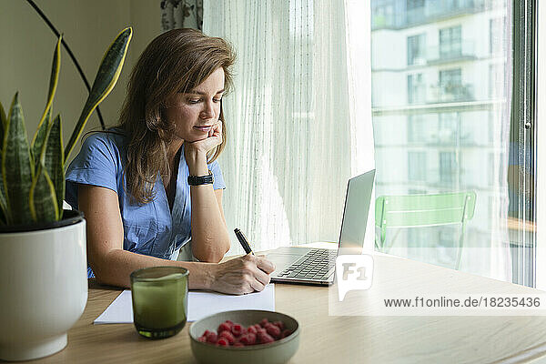 Businesswoman with hand on chin writing on paper at desk in home office