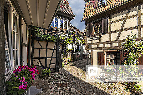 Germany  Baden-Wurttemberg  Gengenbach  Cobblestone alley stretching between half-timbered houses