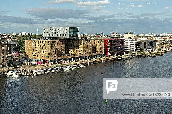 Germany  Berlin  River Spree with buildings of Mediaspree quarter in background