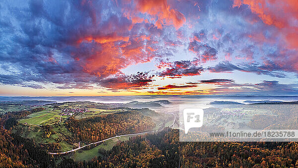 Germany  Baden-Wurttemberg  Drone view of moody sky over Remstal valley at foggy dawn