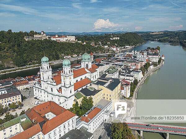 Germany  Bavaria  Passau  Aerial view of St. Stephens Cathedral and surrounding old town buildings in summer