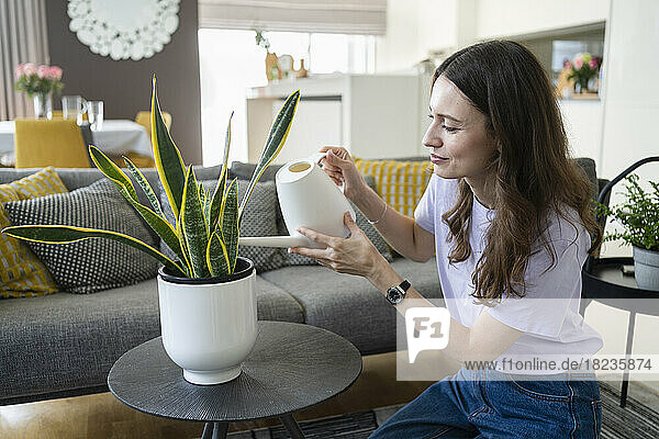 Smiling woman watering potted plant in living room at home