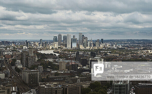 Modern skyscrapers at London under cloudy sky