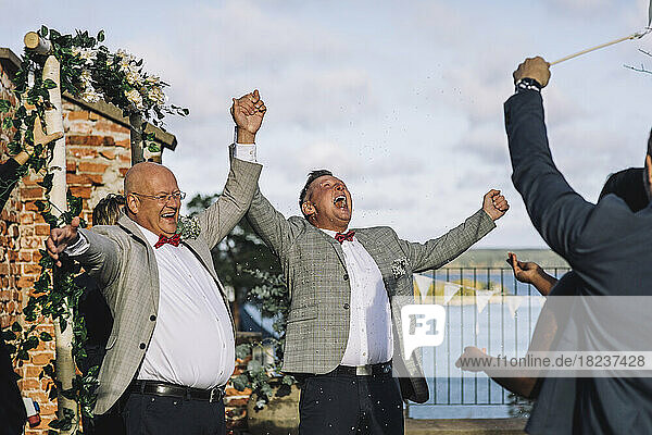 Glückliches  frisch verheiratetes schwules Paar  das sich an den Händen hält  während es seine Hochzeitszeremonie mit den Gästen genießt