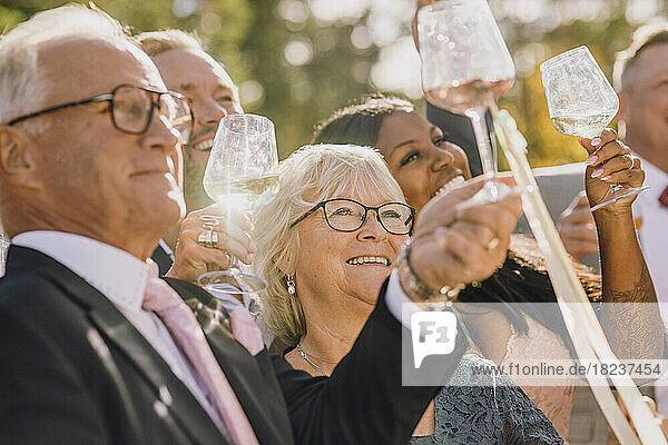 Smiling friends and family toasting wineglasses celebrating during wedding on sunny day