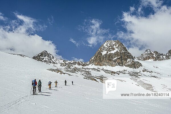 Group of ski tourers in winter in the mountains  Neustift im Stubai Valley  Tyrol  Austria  Europe