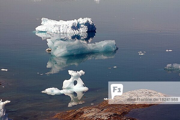 Eisstücke an einem Fjord  Stille  Ruhe  karge Landschaft  Eisjord  Ostgrönland  Nordamerika  Tiniteqilaaq  Tasilaq  Arktis  Grönland  Dänemark  Nordamerika