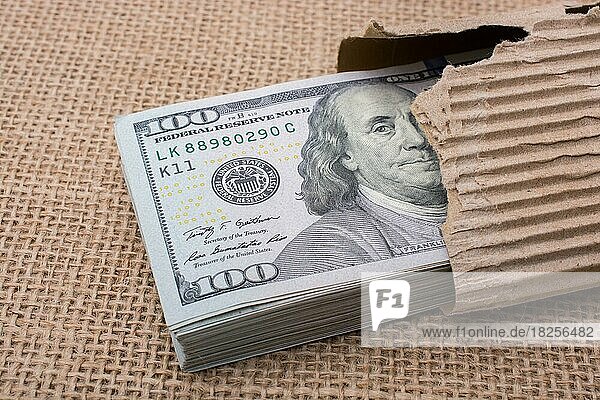 Banknotenbündel des US-Dollars  teilweise in Karton eingewickelt