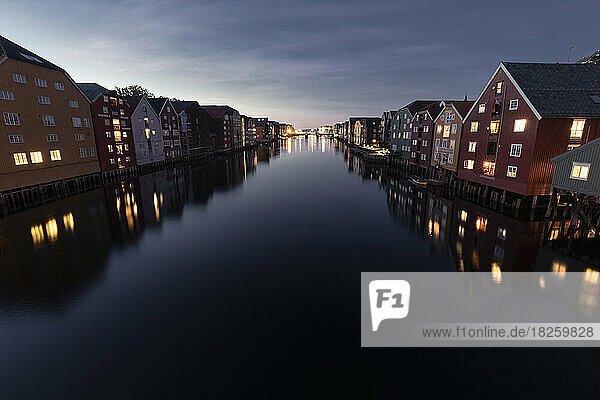 Long Exposure of colored houses along Nidelva River in Trondheim