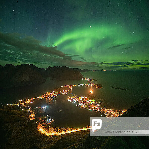 Northern lights over Reine from Reinebringen  Lofoten Islands  Norway