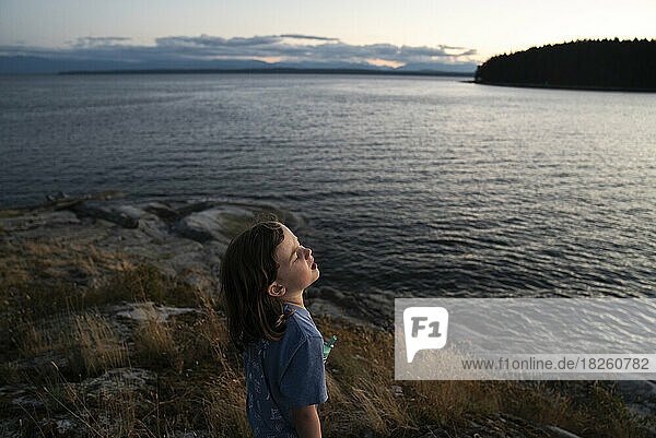A young girl overlooks a bay at dusk