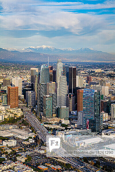 Downtown Los Angeles Snow Peaked Mountains Aerial Sunset Photography
