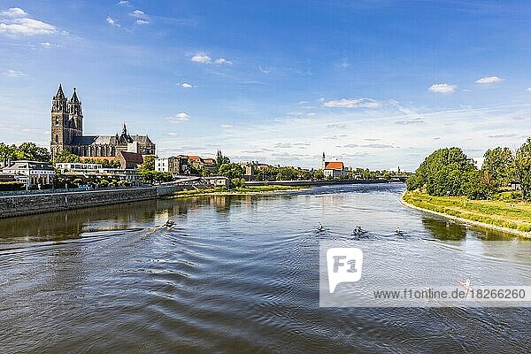 Magdeburg Cathedral and canoeists on the Elbe  Magdeburg  Saxony-Anhalt  Germany  Europe