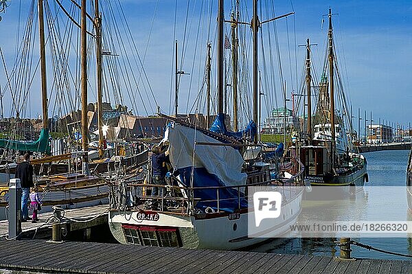 Traditional ships in the New Harbour  preparing the ships for the new season  Bremerhaven  Germany  Europe