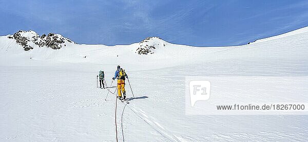 Skitourengeher gehen am Seil auf dem Gletscher  Aufstieg am Berglasferner  hinten Gipfel Hinterer Wilder Turm  Stubaier Alpen  Tirol  Österreich  Europa