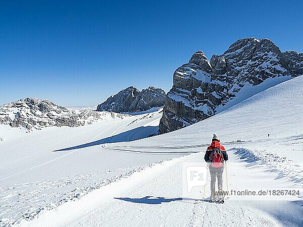 Blauer Himmel über Winterlandschaft  Skitourengeherin am Hallstätter Gletscher  Hallstätter Gletscher  Dachsteinmassiv  Steiermark  Österreich  Europa
