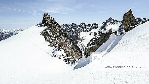 Skitourengeher an der Turmscharte  Berglasferner und Vorderer Wilder Turm  Ausblick auf Berge und Gletscher  Stubaier Alpen  Tirol  Österreich  Europa