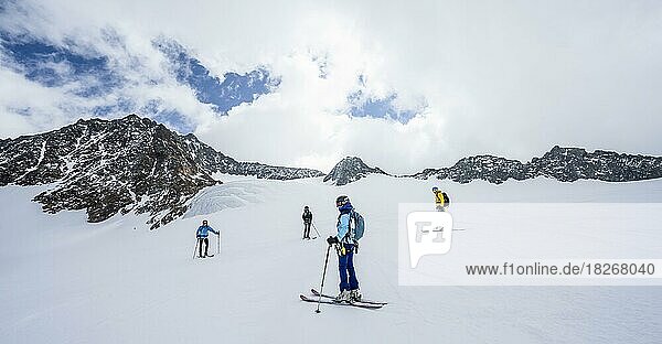 Gruppe SKitourengeher und Splitboarder bei der Abfahrt am Alpeiner Ferner  Stubaier Alpen  Tirol  Österreich  Europa