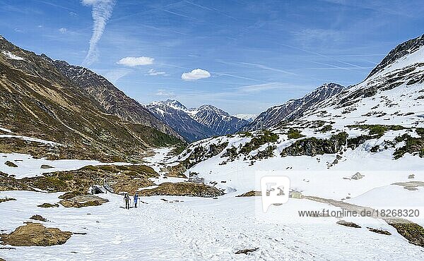 Skitourengeher bei wenig Schnee im Frühjahr  Aufstieg zur Franz-Senn-Hütte  Oberbergtal  Tirol  Österreich  Europa