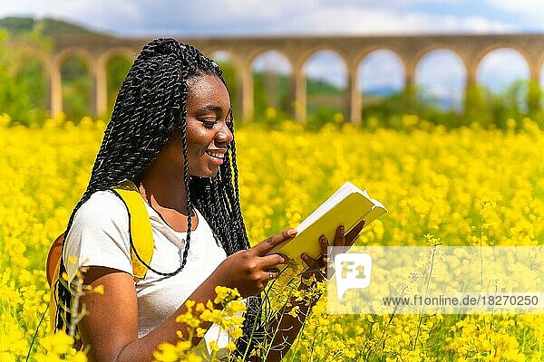 Ein Buch in der Natur lesend  lächelnd  ein schwarzes ethnisches Mädchen mit Zöpfen  eine Reisende  in einem Feld mit gelben Blumen