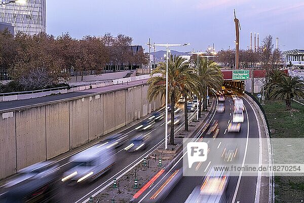 Dense traffic on Ronda de Mar avenue at sunset in the city of Barcelona in Catalonia Spain
