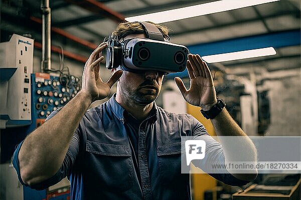 Männlicher Fachmann gestikuliert  während er ein Virtual-Reality-Headset in einer Fabrik benutzt. KI generierte Kunst
