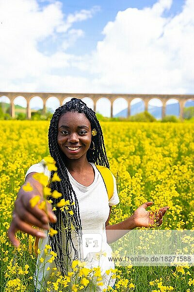 Lächelnd in der Natur  ein Mädchen schwarzer Ethnie mit Zöpfen  eine Reisende  in einem Feld mit gelben Blumen