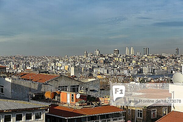 Panoramic view over the roofs of the old town towards the Galata Tower and Karaköy  Beyo?lu in winter  Sultanahmet  Istanbul  Turkey  Asia