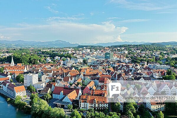 Aerial view of the old town of Kempten with a view of the Alps. Kempten  Swabia  Bavaria  Germany  Europe