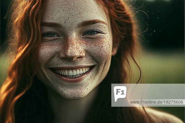 Portrait of laughing young woman with freckles outdoors. Ai generated art