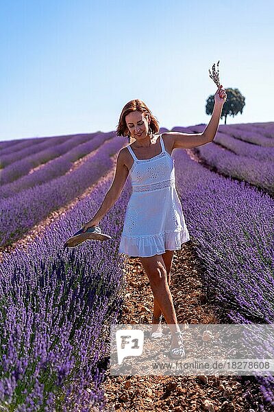 Lebensstil einer lächelnden Frau in einem sommerlichen Lavendelfeld  die ein weißes Kleid trägt
