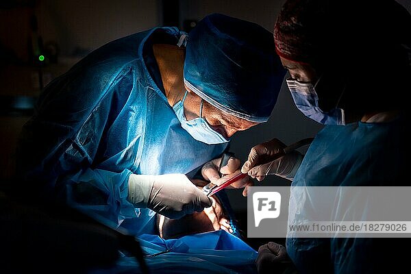 Zahnklinik  Zahnarzt und Assistentin bei der Durchführung einer oralen Operation