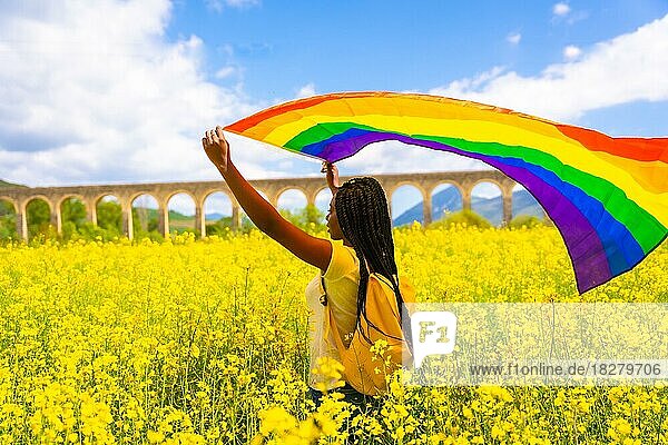 Ein schwarzes ethnisches Mädchen mit Zöpfen hält die LGBT-Flagge in einem Blumenfeld