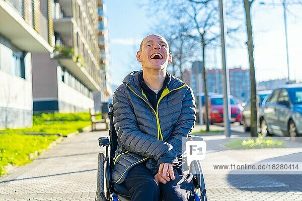 A disabled person enjoying walking on the street in a wheelchair  rehabilitation