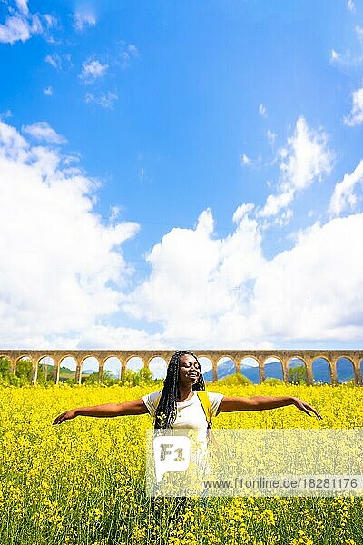 Genießen Sie den Frühling im Urlaub  schwarze ethnische Mädchen mit Zöpfen  Reisende  in einem Feld von gelben Blumen  vertikale Foto
