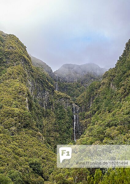 Wasserfall Cascata do Risco zwischen dicht bewaldeten Bergen  Rabacal  Paul da Serra  Madeira  Portugal  Europa
