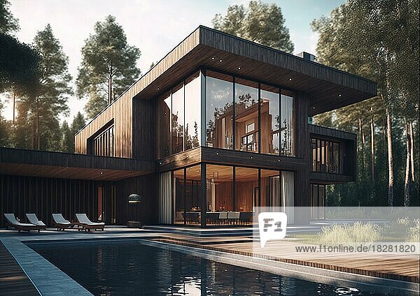 Modernes Holzhaus mit Pool  Immobilien von Milliardären. Ai generierte Kunst