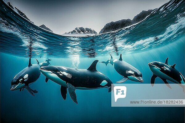 Photography group of orcas swimming in the ocean. Ai generated art